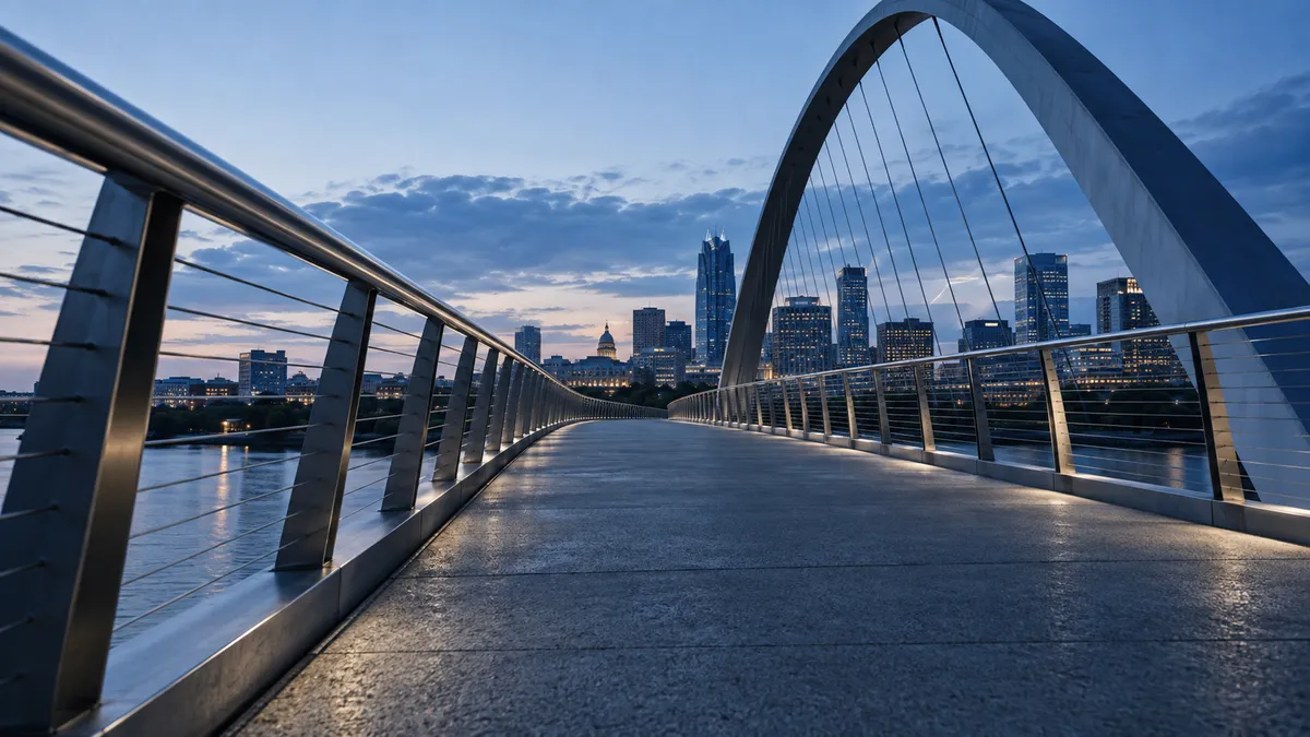 A pedestrian bridge leading toward a city skyline at blue hour
